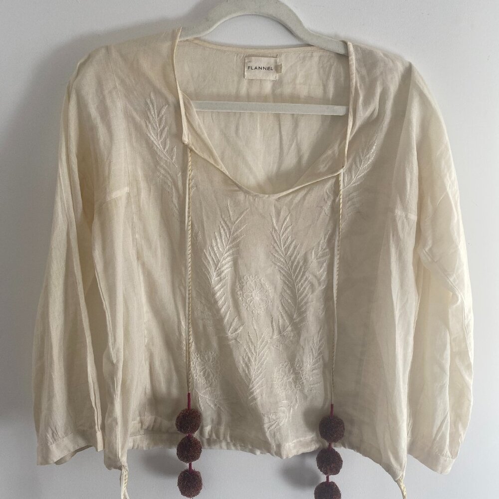 Cream Embroidered Peasant Blouse W/ Poms Poms Sz Xs/S